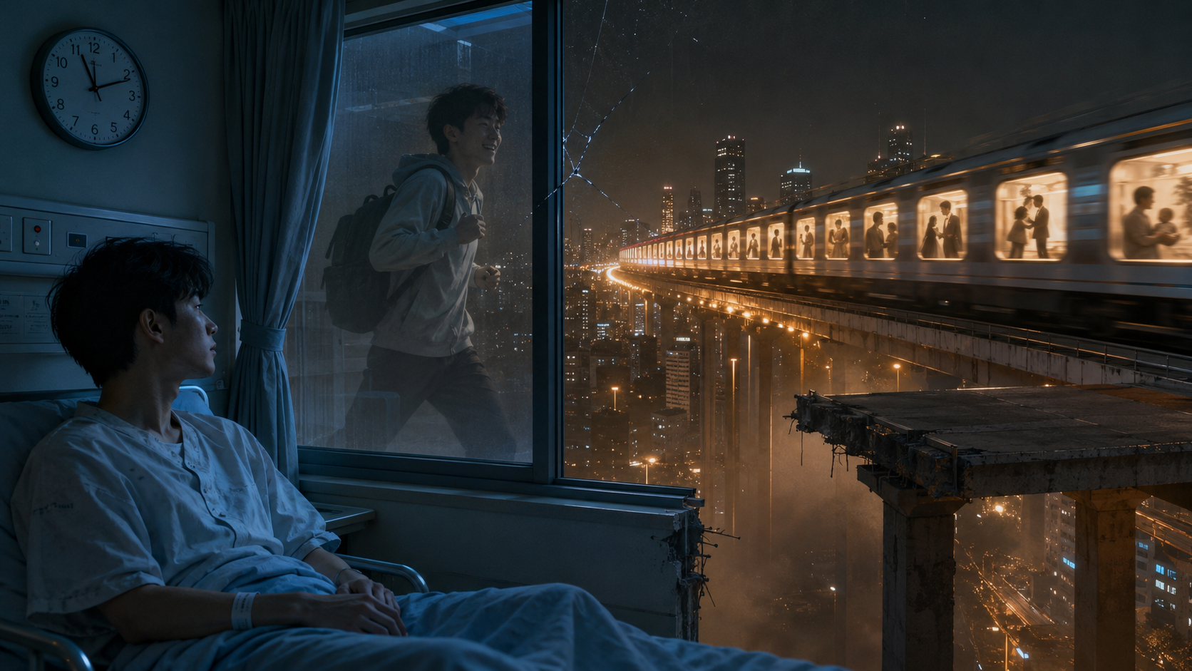 年轻患者坐在病房窗边,窗外健康的自己与承载同龄人生片段的列车继续驶向远方。